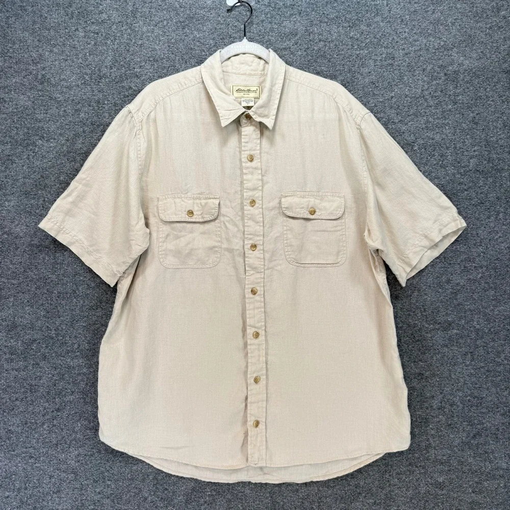 Eddie Bauer Button Up‎ Shirt Mens Large Tan 100% Linen Safari Dual Pocket Casual